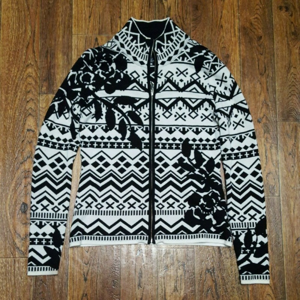 Icelandic Design Merino Wool Cardigan Sweater Womens Medium Full Zip Black White